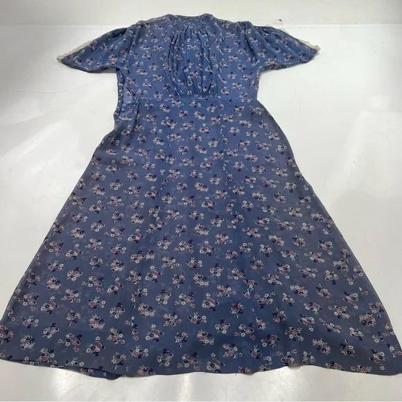 Vintage 70s women’s blue floral silk dress S/M L113-29 - Picture 1 of 5